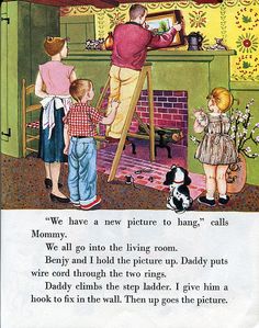 an old children's book page with two boys and a dog