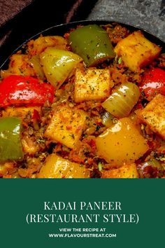 the recipe for kadal paneer restaurant style is shown in green and red colors