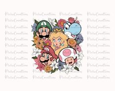 an image of mario and friends in the middle of flowers on a white paper background