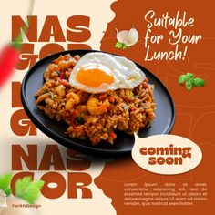 an advertisement for a fried rice dish with eggs on top