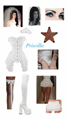 a collage of photos with different outfits and accessories on them, including boots, stockings, veils, shoes, and hair