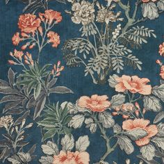 a blue floral wallpaper with orange and pink flowers on the left side of it