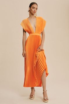 Orange Formal Dresses, Different Bridesmaid Dresses, Orange Bridesmaid Dresses, Deep V Dress, Orange Maxi Dress, A Line Maxi Dress, Affordable Bridesmaid Dresses, Pleat Skirt, Dress Colors