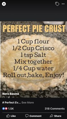 a pie crust with instructions for how to make it in the oven and then bake