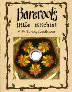 a candle holder with leaves on it and the words barefoots little stitches written below