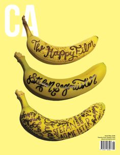 three bananas with words written on them sitting side by side in front of a yellow background