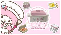 an image of a hello kitty kitchen scene with food and items in the foreground