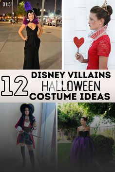 halloween costumes for kids and adults with text overlay that reads, 12 disney villain's halloween costume ideas