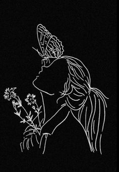 a drawing of a girl with flowers in her hand and a butterfly on her head