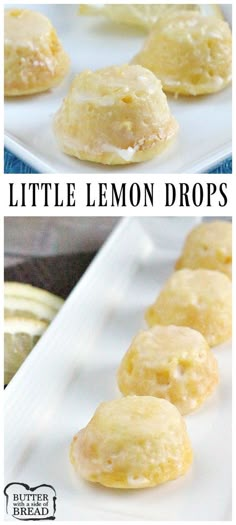 lemon drop glazed mini cupcakes on a white plate with the title