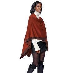 Women's Bronze Ruana Shawl Shoulder Strap Wrap Poncho Featuring Dark Brown Border Detail. Can be worn as closed ruana poncho or as shawl wrap. One Size. 27.9" x 43.3". Lightweight Soft Knit Sweater Material. 100% Polyester. Brown Poncho For Layering, One Size, Shawl Poncho For Layering, Fall Shawl Cape For Layering, One Size Shawl Poncho For Layering, Winter Shawl For Layering, Fall Cape Shawl One Size, One Size Cape Shawl For Fall, One Size Fall Cape Shawl, Brown Shawl Cape For Fall