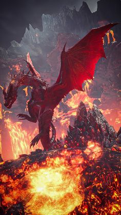 a large red dragon standing on top of a lava covered mountain next to a fire