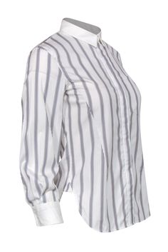 Add stripes to your office style in this blouse from Theory! A sleek pattern and classic silhouette make this top a professional staple. Pair with pumps and slacks for a boss lady look -- just don't forget your briefcase! Size P 100% Cotton Front button-up closure Unlined Collared neckline Long sleeve Open pocket on left side of bust Striped design Double buttons on cuffs Bust 32" Waist 32" Sleeve length 20.5" Shoulder to hem 24" Office Style, Office Fashion, Boss Lady, Stripes Design, Button Up, Long Sleeve Blouse, Stripes, Black White, Pumps