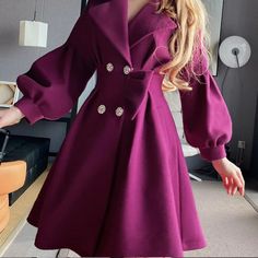 Dabuwawa Spring Autumn Female Trend Vintage 60/50 Era Exquisites Double Diamond Button Skirt Swing Wool Coat New With Tags, Super Cute And Elegant Look. Purple Trench Coat, Button Skirt, Double Diamond, Movies Outfit, Vintage Coat, Fantasy Clothing, Women Trends, Lantern Sleeves, Coat Dress