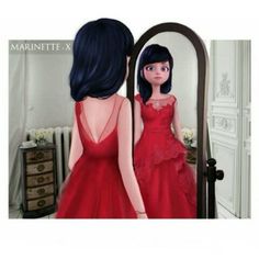 a woman in a red dress is looking at herself in the mirror with her reflection