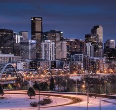 the city skyline is lit up at night, with snow on the ground and trees