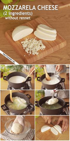 the steps to make mozzarella cheese are shown in several different pictures, including an image