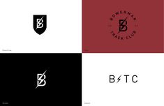 four different logos with the letter b and c in black, white and red colors