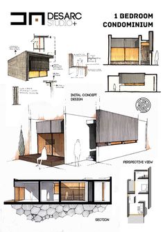 an architectural drawing shows the different sections of a house and its interior design, including one bedroom