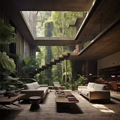 a living room filled with lots of furniture next to a tree covered wall and ceiling