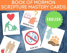 the book of mormon scripture mystery cards is shown with pictures of people and symbols on them