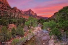 a river running through a lush green forest under a red mountain covered in clouds at sunset