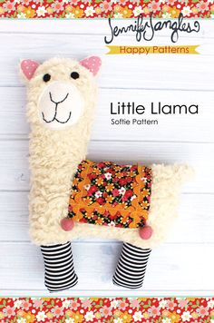 a stuffed llama with black and white striped socks on it's legs, sitting in front of a floral background