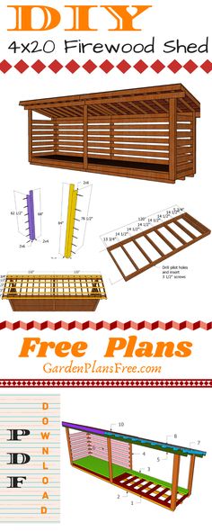 the plans for an outdoor firewood shed are shown in three different sizes and colors