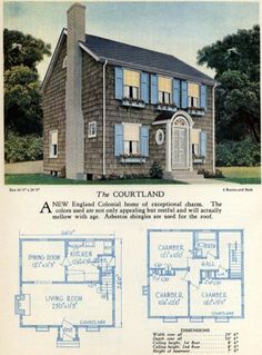 an old house with blue trim and windows on the second floor is shown in this catalog