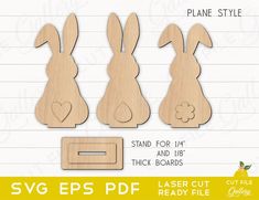 three wooden cutouts of rabbits with hearts on them and the words laser cut ready file