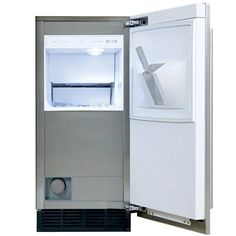 an open refrigerator with the door showing ice and water in it's freezer