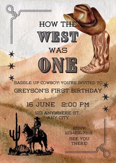 an old western birthday party card with cowboy boots and lasso on the front, in watercolor