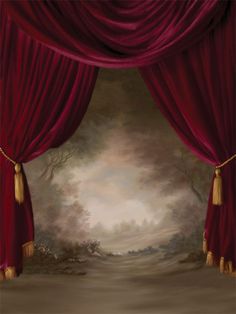 a painting of a stage with red curtains and trees in the background, as if it were painted on canvas