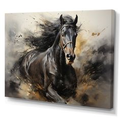 a painting of a black horse running through the air with it's hair blowing in the wind