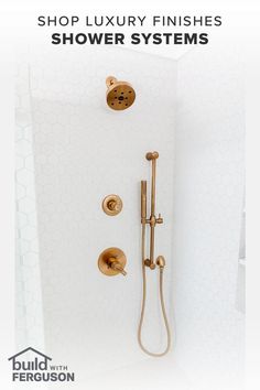 a shower head with the words shop luxury finishes shower systems