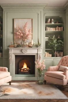 a living room filled with furniture and a fire place in the middle of a room