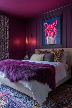 a bedroom with purple walls and carpeted flooring is lit up by pink lights