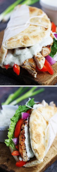 two pictures of a chicken pita sandwich with lettuce, tomato and onions