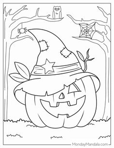 a coloring page with a pumpkin and witch hat