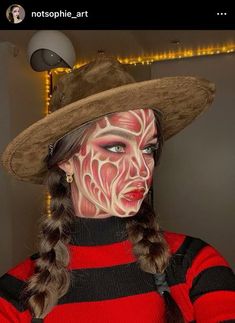 Freddy Krueger Sfx Makeup, Women's Freddy Krueger Makeup, Freddy Krueger Make Up Women, Diy Freddy Krueger Makeup, Freddy Kruger Make Up Simple, Halloween Characters Makeup, Freddy Krueger Costume Women Makeup, Freddy Krueger Costume Makeup, Halloween Makeup Characters