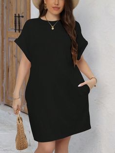 Plus Size Round Neck Batwing Sleeve Casual Dress Black Casual  Short Sleeve Knitted Fabric Plain Tee Medium Stretch All Women Plus Clothing, size features are:Bust: ,Length: ,Sleeve Length: Baggy Dresses Outfit, Simple Black Dress Casual, Black Plain Dress, Plus Size Shirt Dress, Baggy Dresses, Casual Dresses Plus Size, Casual Short Sleeve Dress, Latest African Fashion Dresses, Vestido Casual