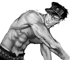 a black and white drawing of a shirtless man