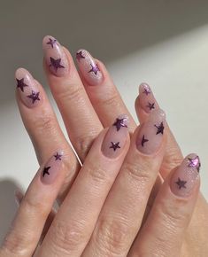 Shiny Star Nails, Guts Nails Ideas, Swag Nails Designs, Gel Nails Stars, Purple Star Nails, Uñas Ideas, Star Nail Designs, Minimalist Nail, Star Nail