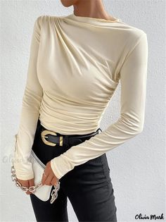 Olivia Mark - Elegant Long-Sleeved Shirt with Streamlined Fit and Refined Pleat Detailing Pleated Blouse, Turtle Neck Top, T Shirt Top, Apricot, Blouse Designs, Shirt Design, Types Of Sleeves, Long Sleeve Tshirt, Long Sleeve Tops