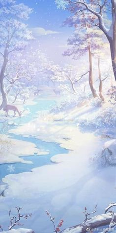 a painting of snow covered trees and water