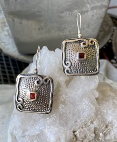 Bold Modernist Red Garnet Square Sterling Silver Vintage Earrings Artisan Red Jewelry For Anniversary, Single Ruby Earring In Red, Red Ruby Single Earring, Handmade Red Sterling Silver Earrings, Red Sterling Silver Pierced Earrings, Red Sterling Silver Earrings For Pierced Ears, Handmade Ruby Earrings In Silver, Single Red Sterling Silver Earring, Nickel-free Ruby Earrings As A Gift