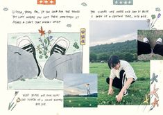 a person kneeling down in the grass with some pictures on it and an image of a pair of shoes