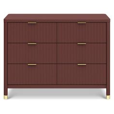 a brown dresser with gold handles and drawers on the bottom, in front of a white background