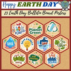 the earth day bulletin board is shown with stickers on it and an image of plants