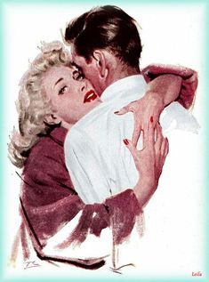 a man holding a woman in his arms while she holds him close to her chest